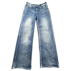 Telepatia Y2K Skull Rose Embroidered Wide Leg Jeans Medium Wash‎ Womens 28